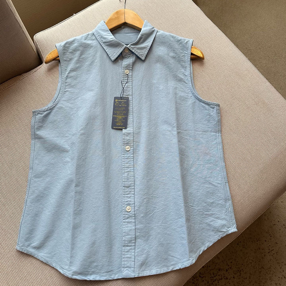 Ladies New Fashion Casual Joker Solid Color Sleeveless Lapel Shirt Retro Short Women's Chic Shirt Top.