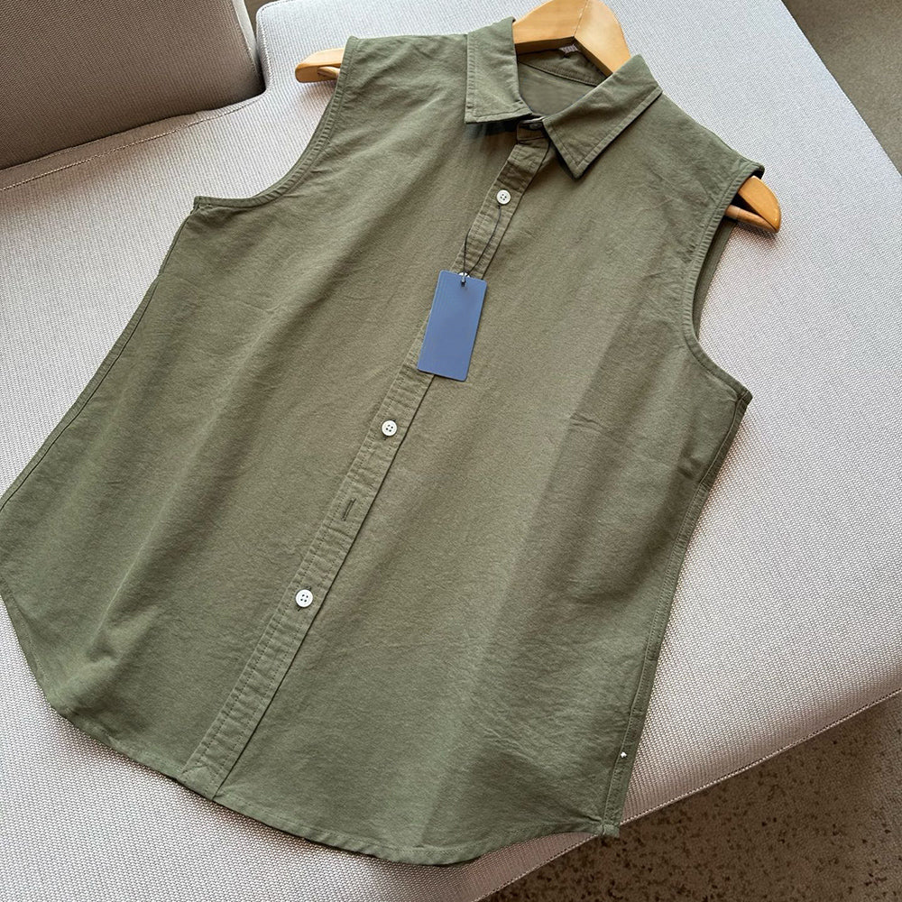 Ladies New Fashion Casual Joker Solid Color Sleeveless Lapel Shirt Retro Short Women's Chic Shirt Top.