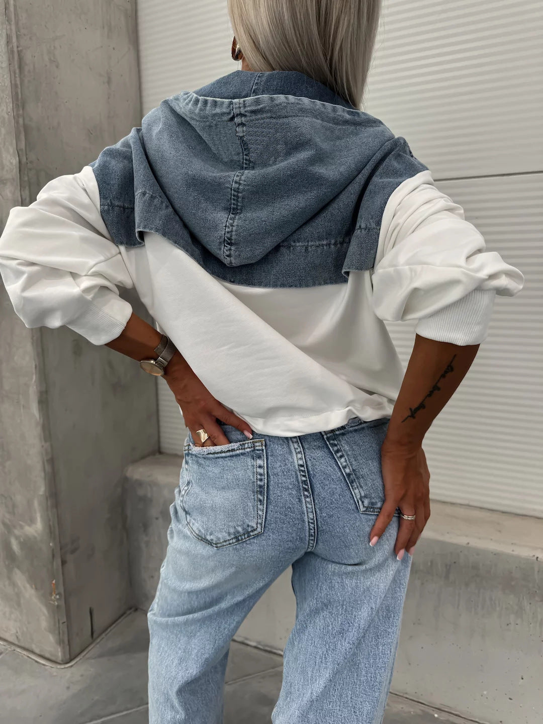 Women's New Fashion Joker Loose Casual Washing Denim Stitching Hooded Ladies Sweater