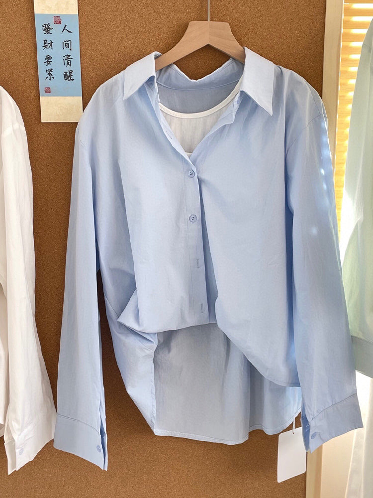Women's New Fashion, Leisure and Joker Fake Two-piece Shirts with Short Front and Long Back, Loose Long-sleeved Shirts.
