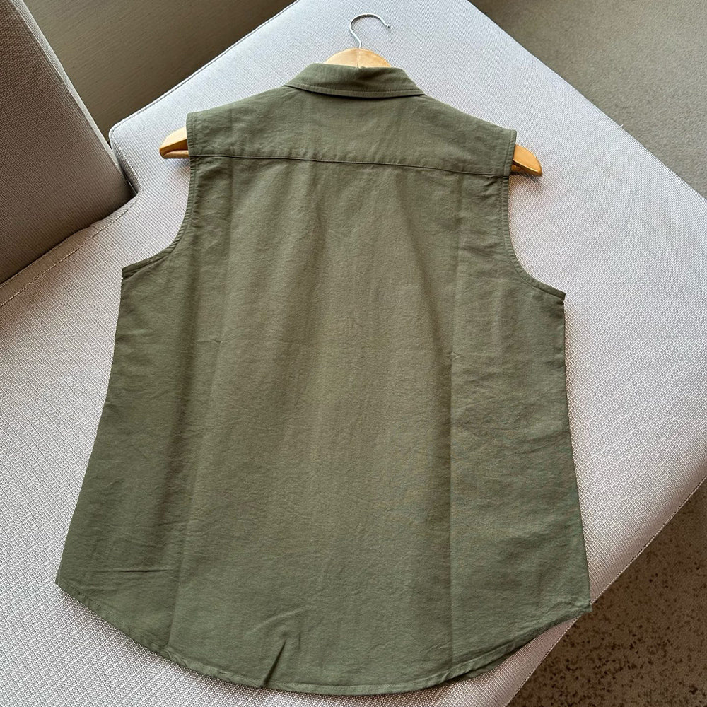 Ladies New Fashion Casual Joker Solid Color Sleeveless Lapel Shirt Retro Short Women's Chic Shirt Top.
