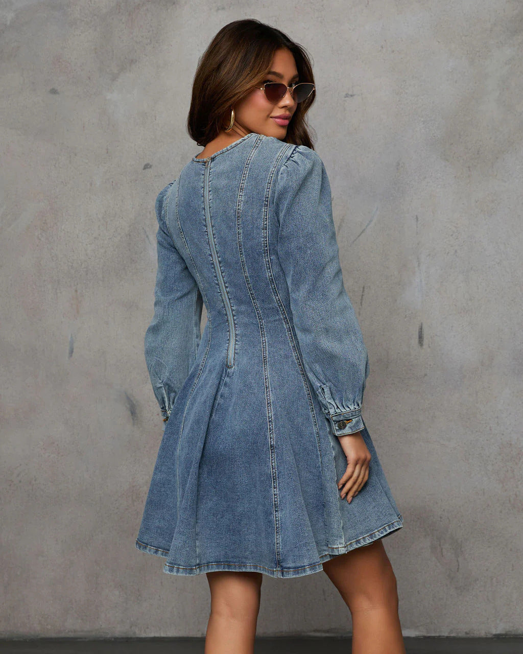 Women's New Fashion Casual Joker Spell Receiving Waist Ladies Denim Long Sleeve Dress