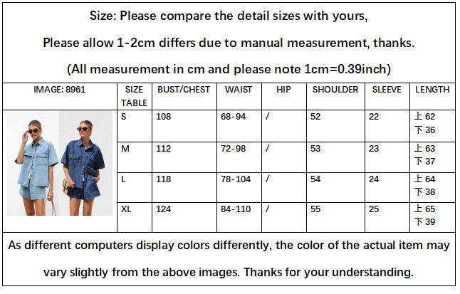 Women's New Fashion Joker Loose Pocket Short Sleeve Shirt Denim Two-piece Suit