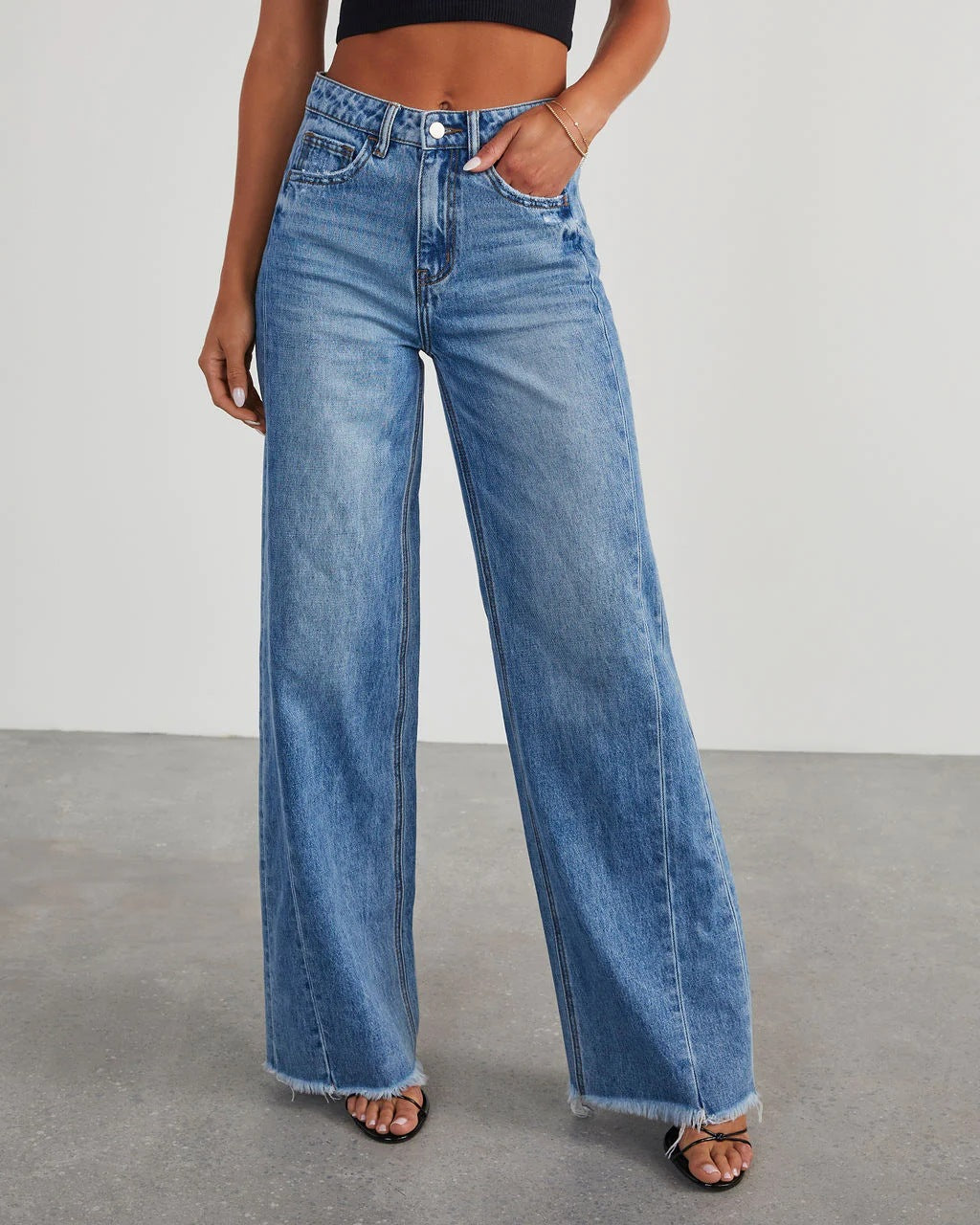Women's New Fashion Joker Casual Loose Wide Leg Side Seam Stitching Edging Hem Jeans