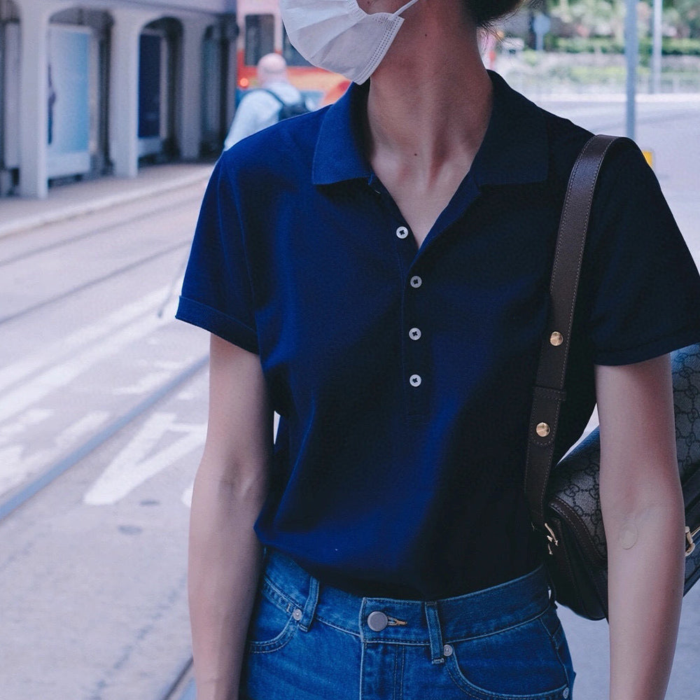 Women's New Fashion and Leisure Joker Five-button Design Slim Stretch Polo Neck Short Sleeve T-shirt