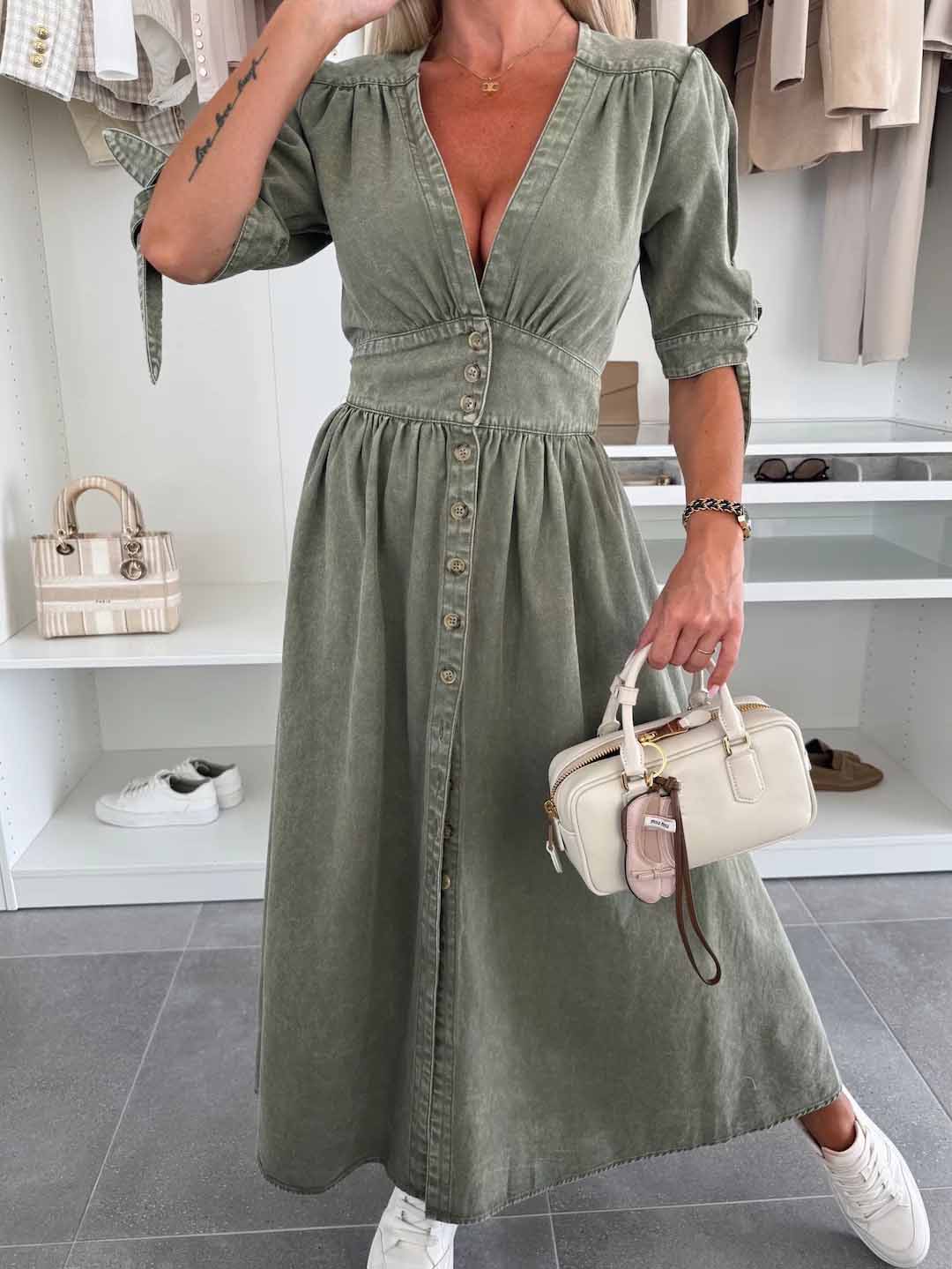 Women's New Fashion Joker Casual Sexy V-neck Long Button Denim Dress