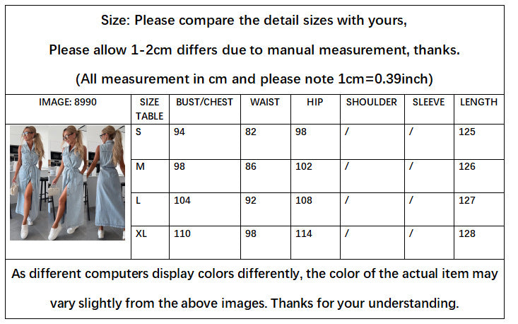 New Sleeveless Long Tie Waist Single Breasted Denim Dress