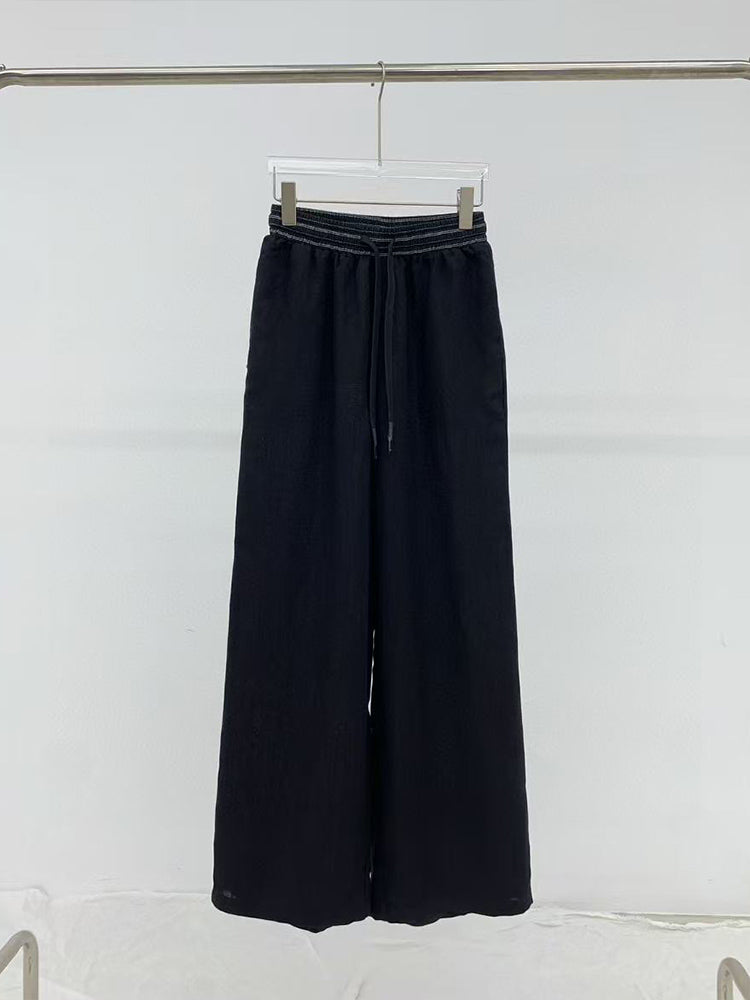 Women's New Fashion Casual Joker Embroidered Cotton and Linen Pants Contrast Drawstring Elastic Waist Straight Wide-leg Pants.