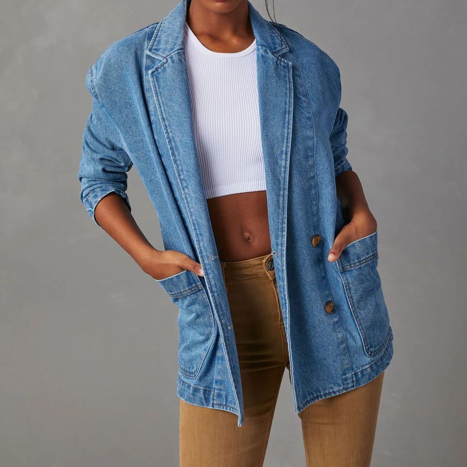 Women's New Fashion Joker Casual Loose Washed Blue Denim Women's Suit Jacket