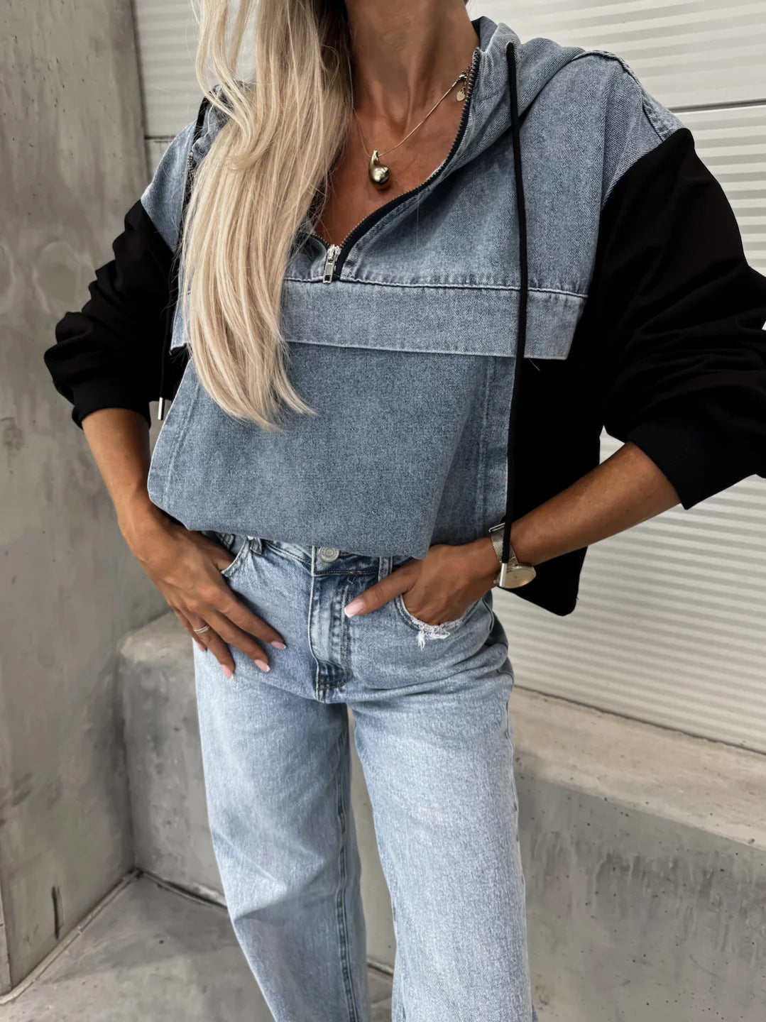 Women's New Fashion Joker Loose Casual Washing Denim Stitching Hooded Ladies Sweater