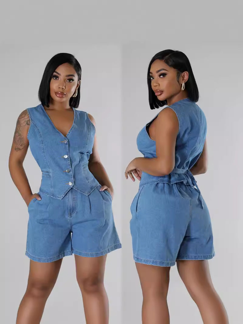 Women's New Fashion Casual Joker Sleeveless Denim Vest+high Waist Denim Shorts Suit