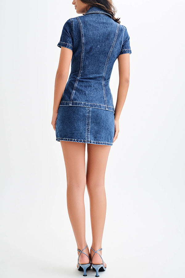 Women's New Fashion Joker Slim Denim Short Sleeve Button Shirt+high Waist Skirt Suit