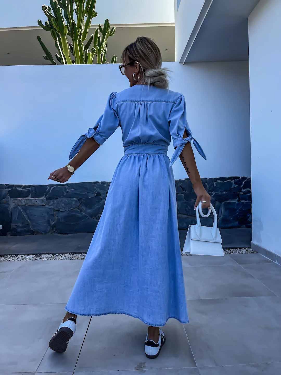Women's New Fashion Joker Casual Sexy V-neck Long Button Denim Dress