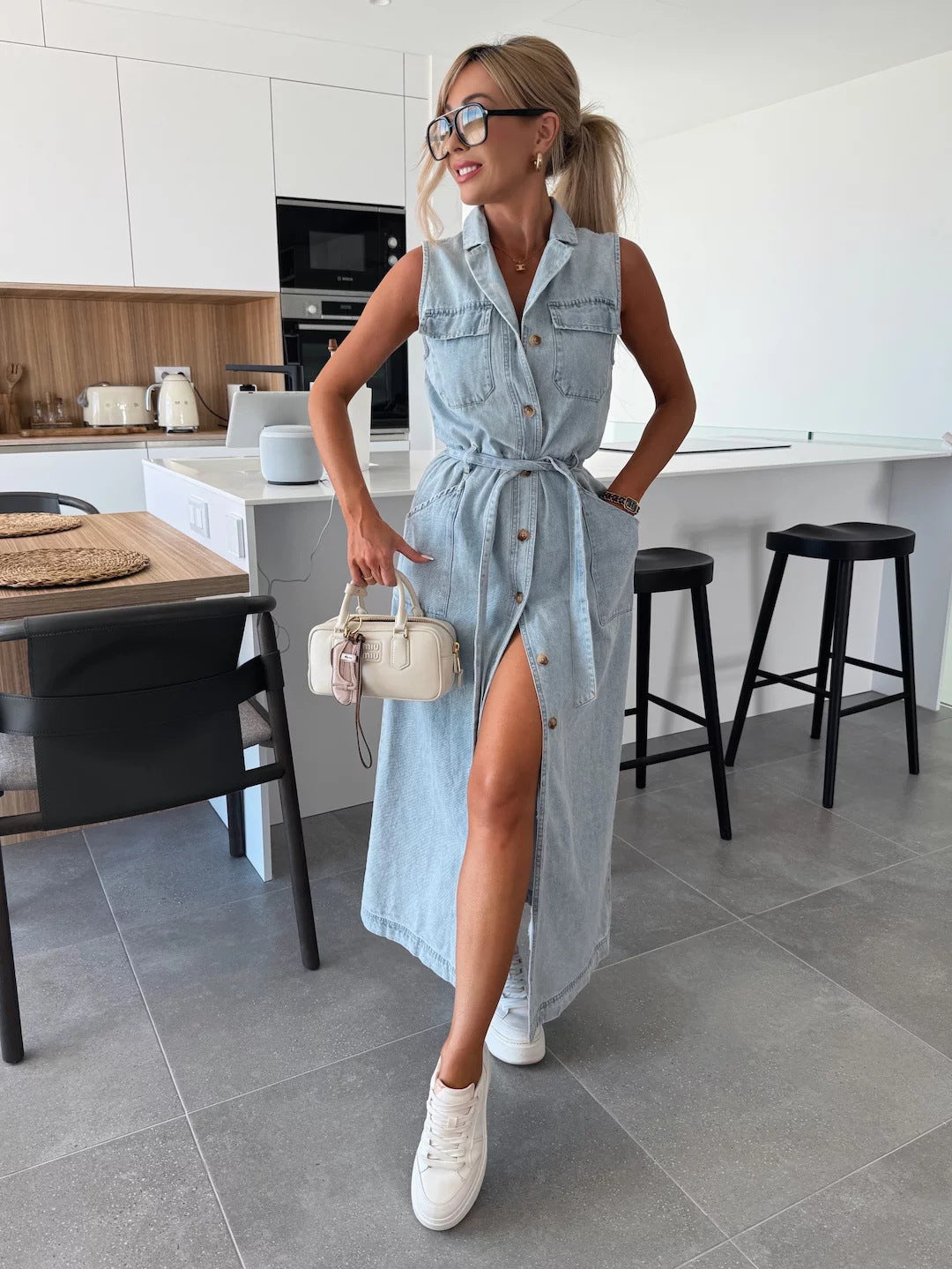 New Sleeveless Long Tie Waist Single Breasted Denim Dress