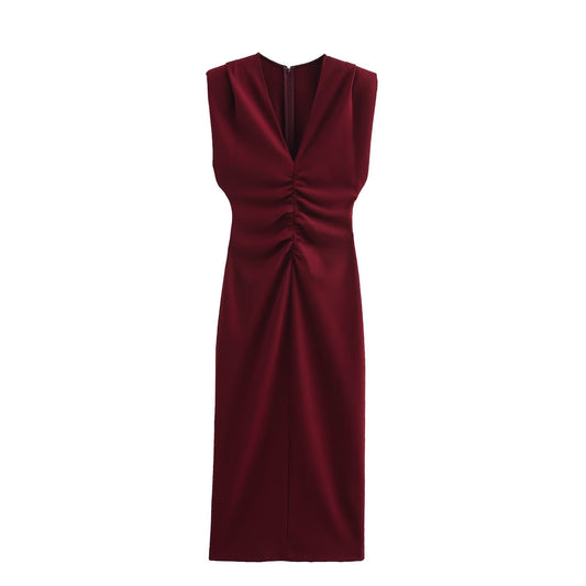 KP0016 Women's new chic Fashion Midi Dress Vintage V Neck With Lining Side Zipper Slit Female Dresses robe Mujer women's