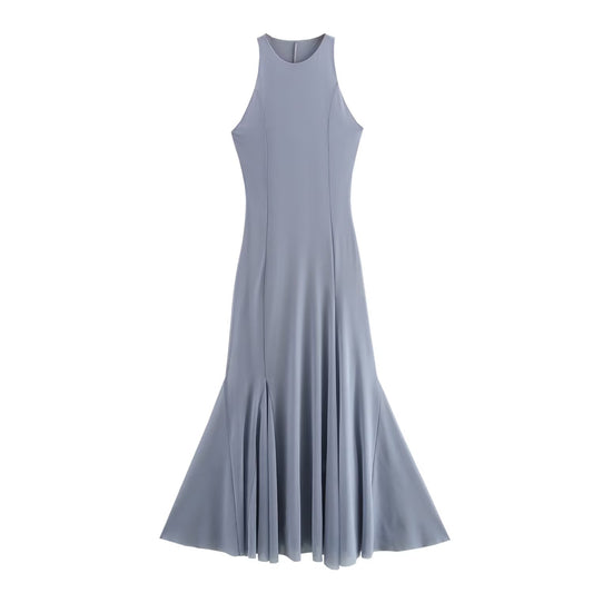 KP0029 Women's new chic Fashion Joker temperament O-neck long silk dress retro sleeveless women's chic dress Mujer 