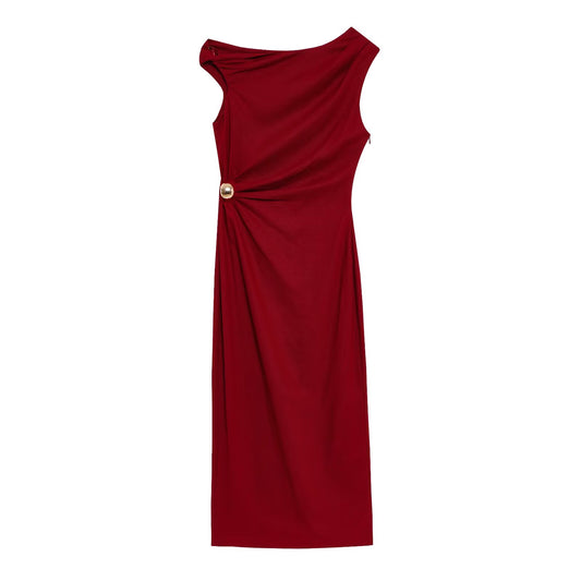 KP0102 Women 2025 New Fashion Linen Blend Pleated Midi Dress 