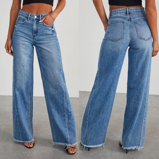 Women's New Fashion Joker Casual Loose Wide Leg Side Seam Stitching Edging Hem Jeans