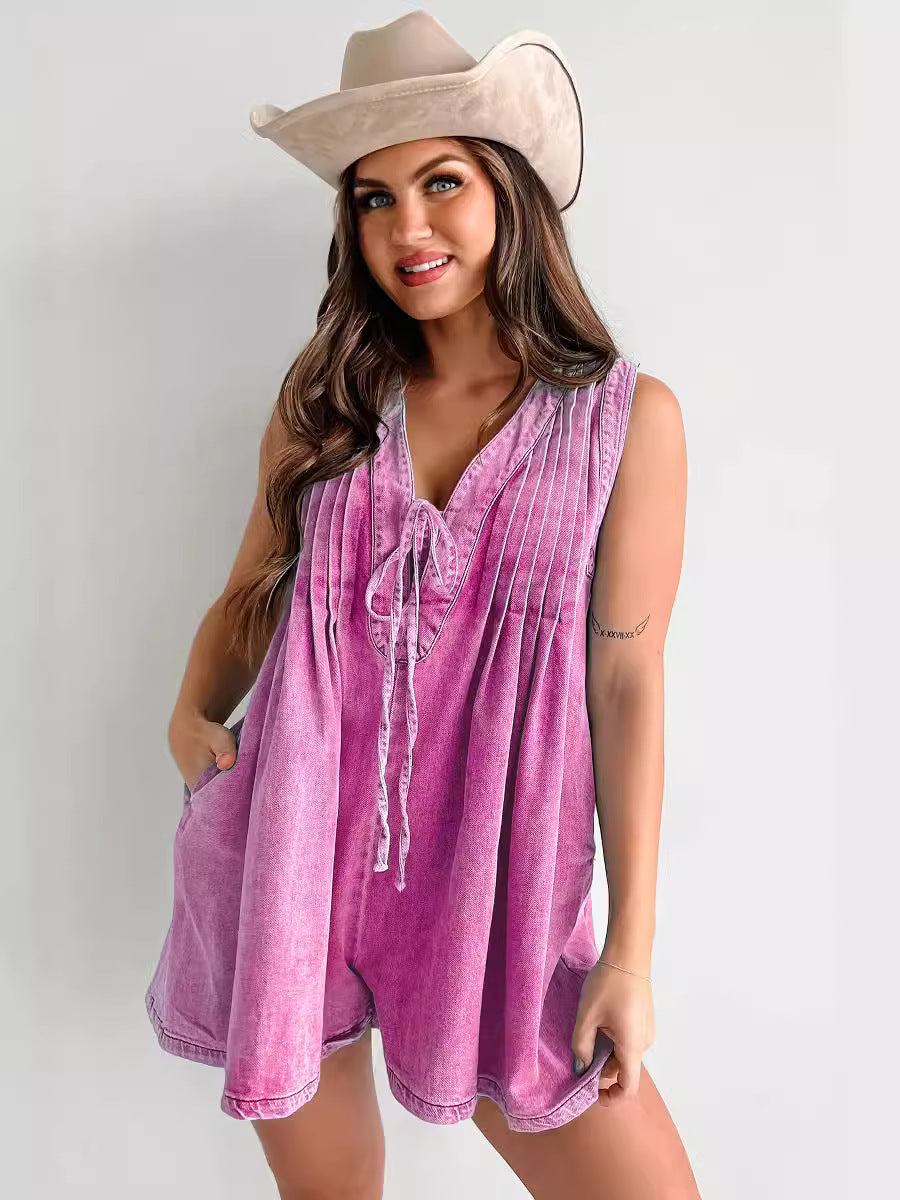 Women's New Fashion Joker Sleeveless Short-sleeved Shorts Denim Jumpsuit