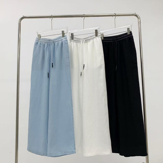 Women's New Fashion Casual Joker Embroidered Cotton and Linen Pants Contrast Drawstring Elastic Waist Straight Wide-leg Pants.