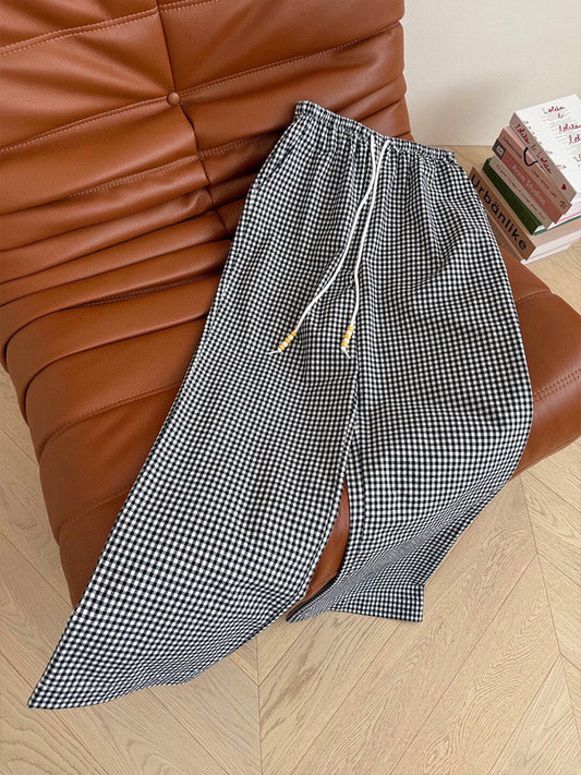 Women's New Fashion Casual Joker Embroidery Retro Plaid Pants Lace Pocket Design Straight Wide-leg Pants.