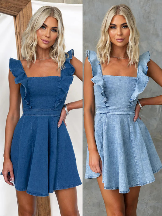 Women's New Fashion Joker Flying Sleeves Strapless Denim Dress