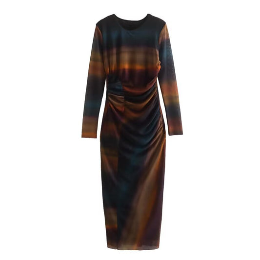 KP0044 Women's new chic Fashion Midi Dress Vintage O Neck Long Sleeve Female Dresses Robe Mujer