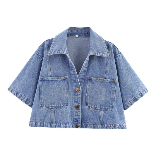 KP0220 Women's 2025 New Fashion Short Lapel Denim Shirt