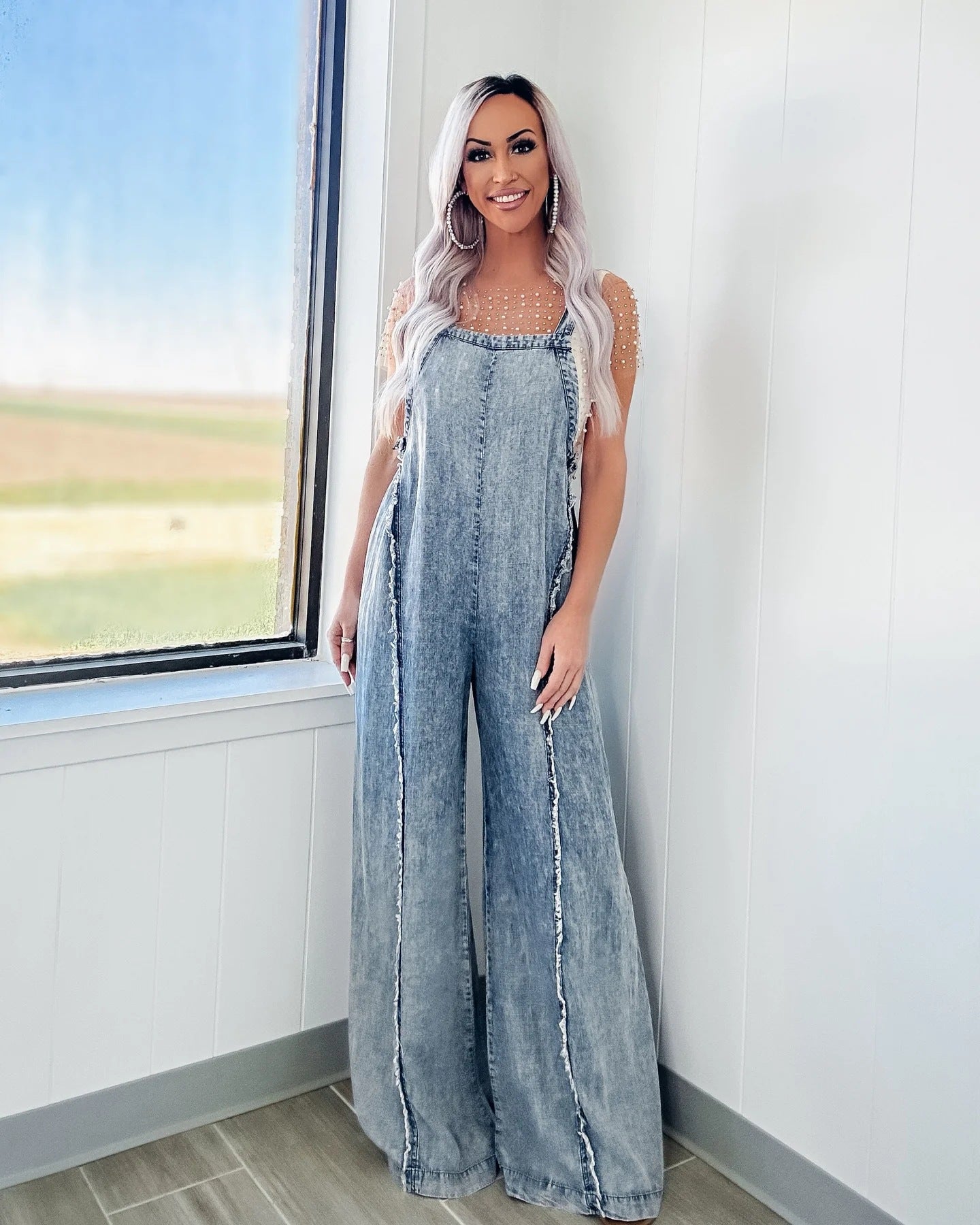Women's New Fashion Joker Bib Retro Washed Raw Wide-leg Jumpsuit