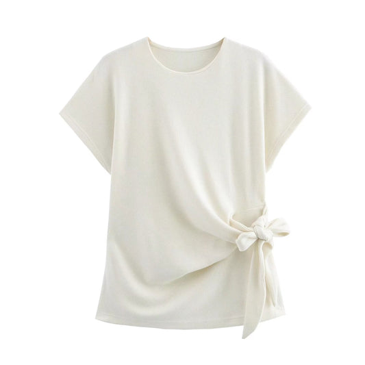 KP0010 Women's new chic Fashion Casual Joker Bow Decorative Knitted Short-sleeved T-shirt retro chic women's T-shirt