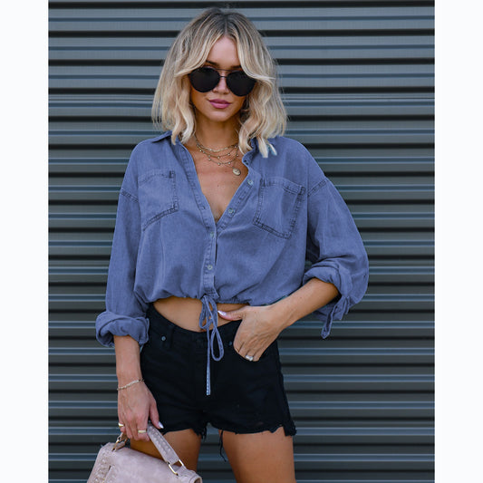 Women's New Fashion Joker Lace-up Design Double Pocket Loose Shirt