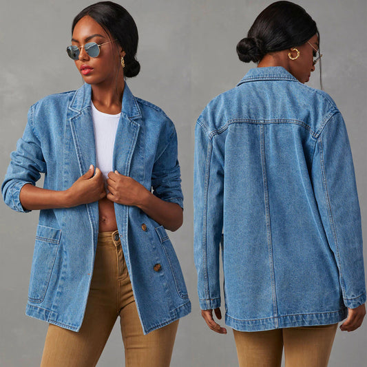 Women's New Fashion Joker Casual Loose Washed Blue Denim Women's Suit Jacket