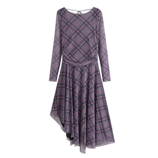 KP0076 Women 2025 New Fashion Plaid Pleated Tulle Dress 