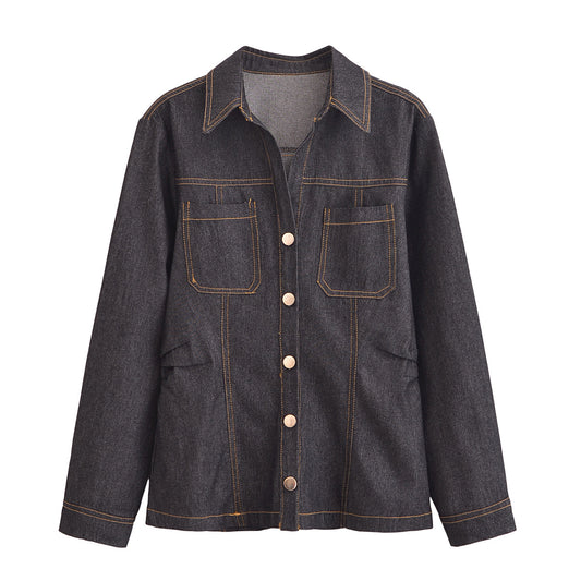 KP0069 Women 2025 New Fashion Black Denim Slim Shirt 