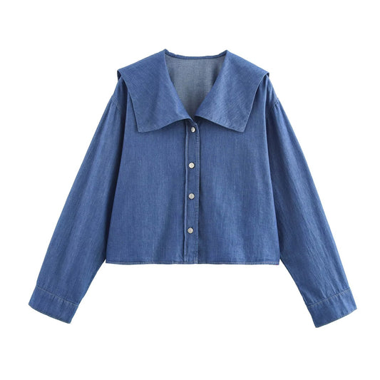 KP0020 Women's new chic Fashion Joker temperament denim blouses retro long sleeve button blouses Blusas chic tops.