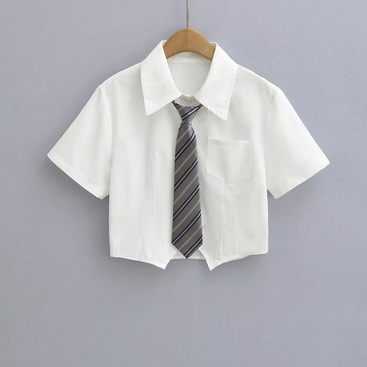 KP0179 Women's 2025 New Fashion Short-sleeved Shirt with Tie