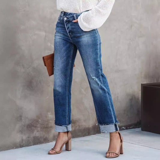 Women's New Fashion Joker Urban Leisure Washed Women's Straight Denim Trousers