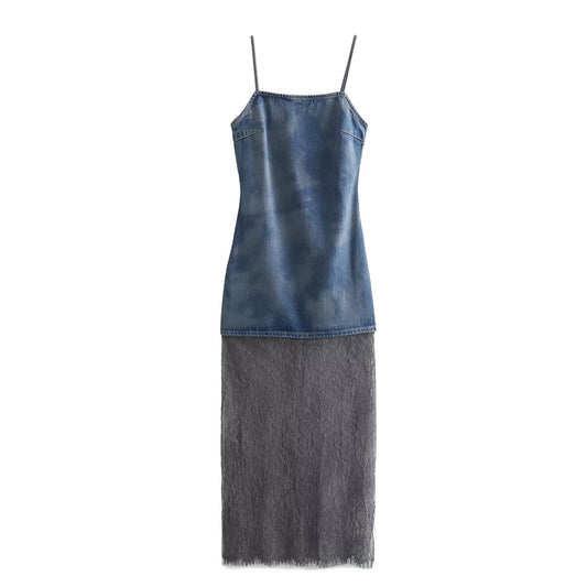 KP0128 Women 2025 New Fashion Lace Splicing Denim Dress