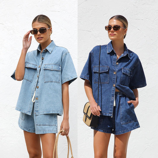 Women's New Fashion Joker Loose Pocket Short Sleeve Shirt Denim Two-piece Suit