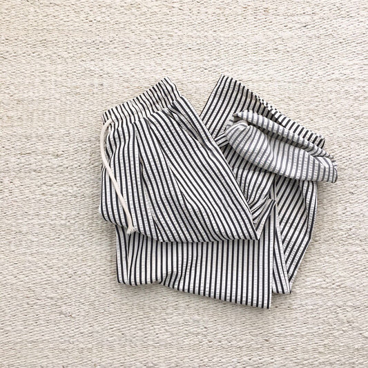 Women's New Fashion Casual Joker Foam Cotton Concave-convex Texture Contrast Vertical Stripes Comfortable Light Breathable Elastic Adjustable Drawstring Design Pants.
