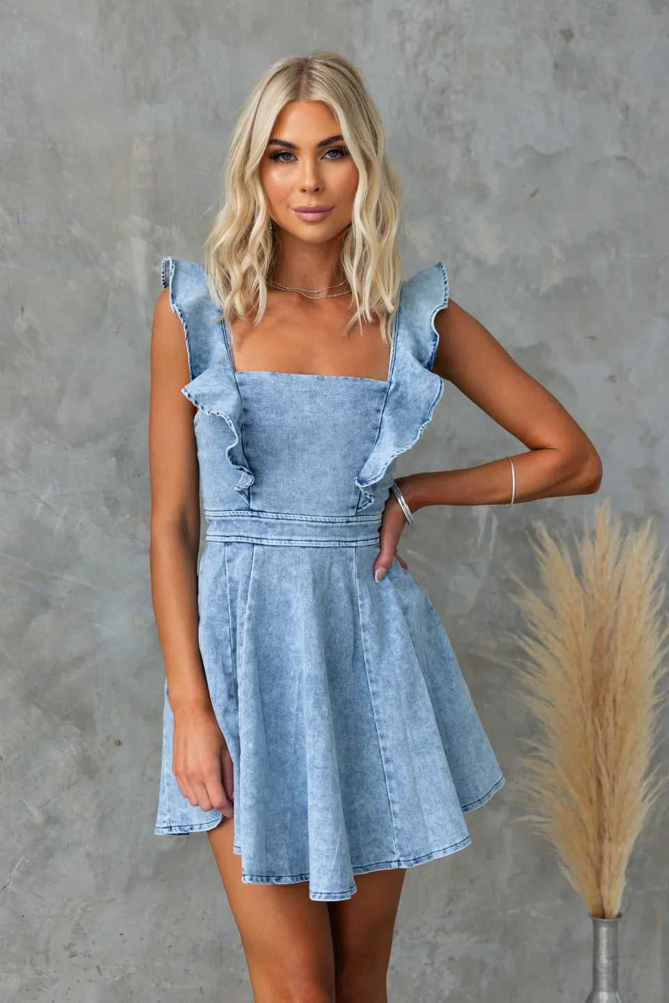 Women's New Fashion Joker Flying Sleeves Strapless Denim Dress