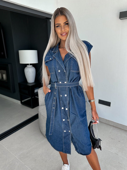 Women's New Fashion Joker Lapel Sleeveless Stud Buckle Chest Waist Lace-up Denim Dress