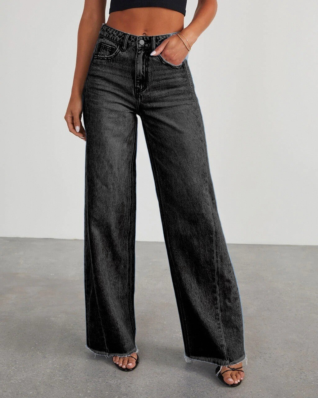 Women's New Fashion Joker Casual Loose Wide Leg Side Seam Stitching Edging Hem Jeans