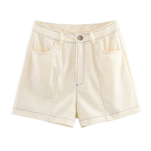 KP0136 Women 2025 New Fashion White Pearl Stitching Decoration Faux Linen Shorts