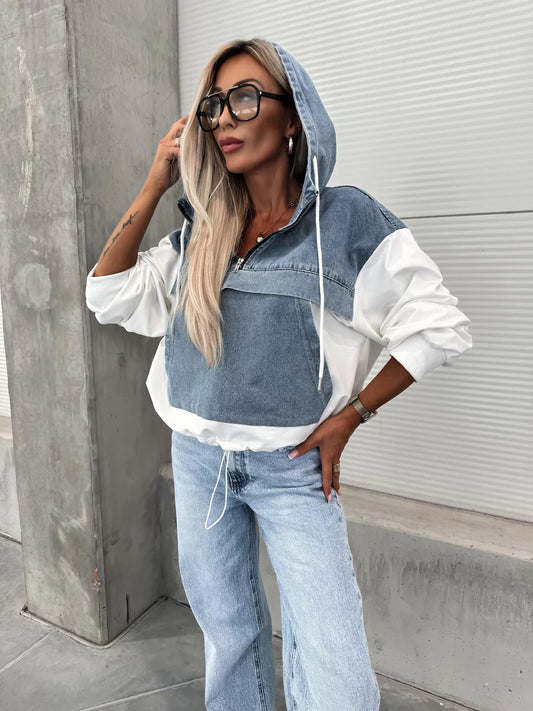 Women's New Fashion Joker Loose Casual Washing Denim Stitching Hooded Ladies Sweater