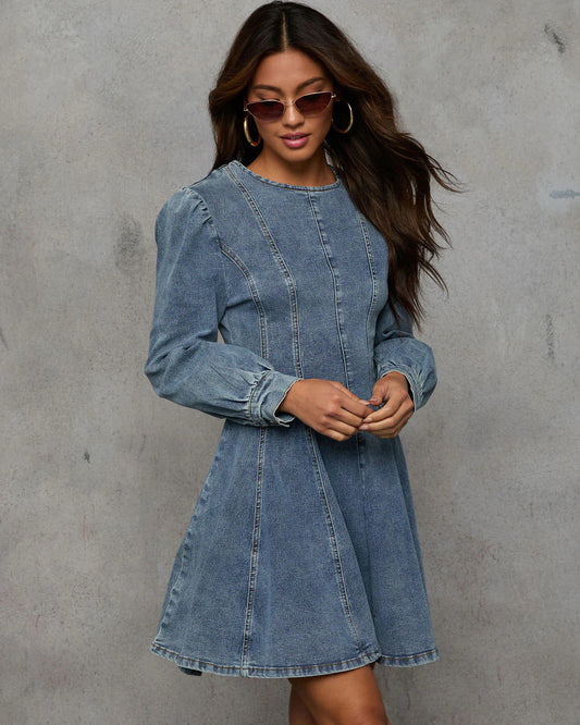 Women's New Fashion Casual Joker Spell Receiving Waist Ladies Denim Long Sleeve Dress