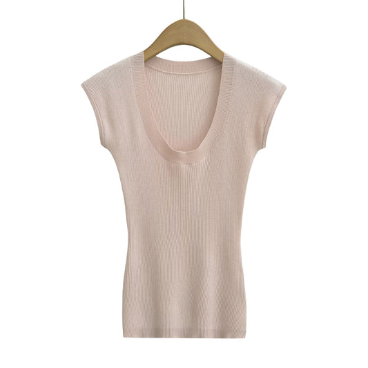 KP0216 Women's 2025 New Fashion U-neck Knitted Short-sleeved T-shirt
