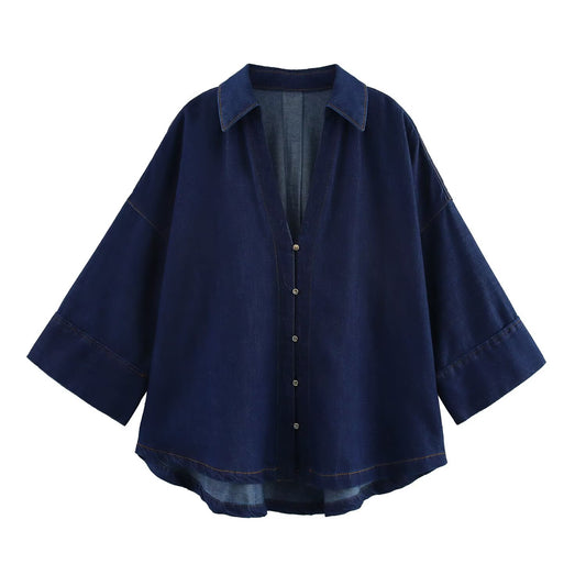 KP0109 Women 2025 New Fashion Wide Sleeve Denim Shirt 
