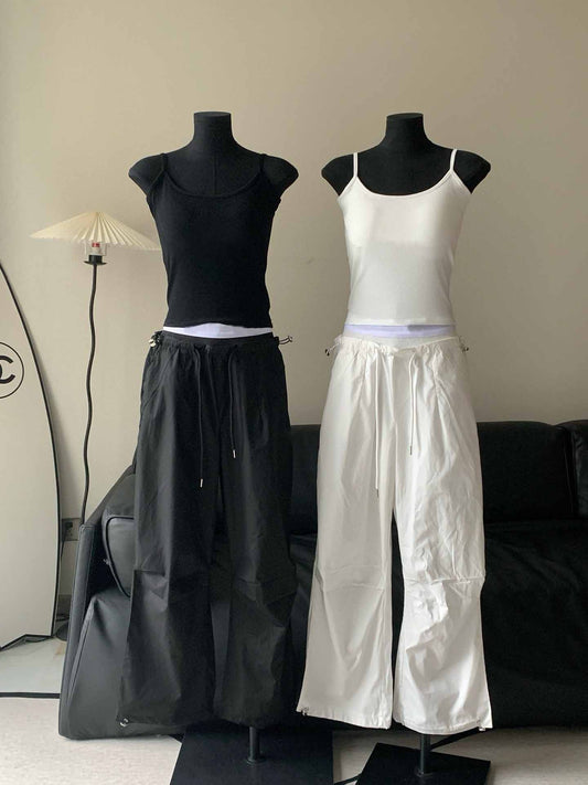 Women's New Casual Chest Cushion+letter Embroidered Overalls High Waist Drawstring Loose Joker Wide Leg Paratroopers Pants.