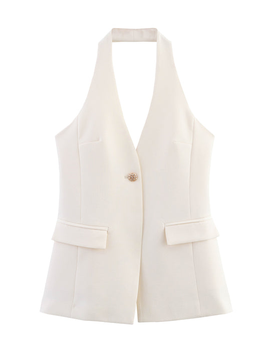 KP0135 Women 2025 New Fashion White One Button Halter Top